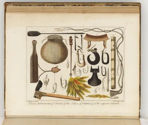 Illustration fra A journal of a voyage to the South Seas: in His Majestys ship, the Endeavour, 1794 (håndkoloreret gravering)